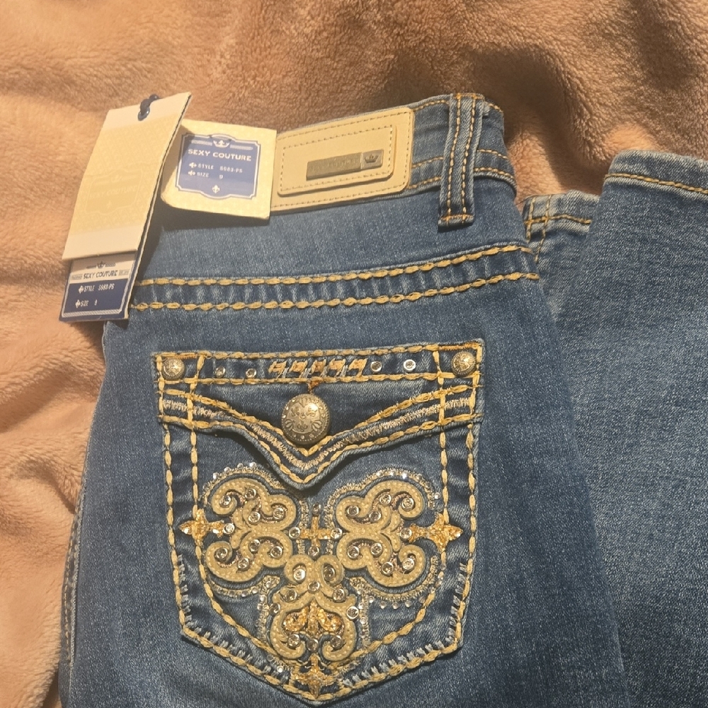 Blue and Gold Boot Cut Jeans with Intricate Embroidery